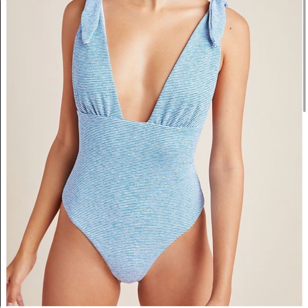 Mara Hoffman Daphne Swimsuit Blue Striped Tie Shoulders One Piece